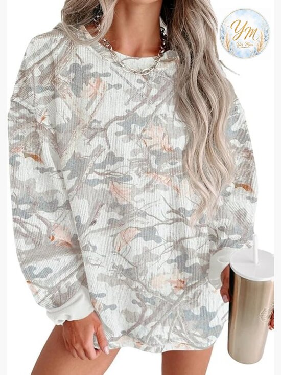 Tops - Oversized Corduroy Crewneck Sweatshirt Pullover Top Long Sleeve